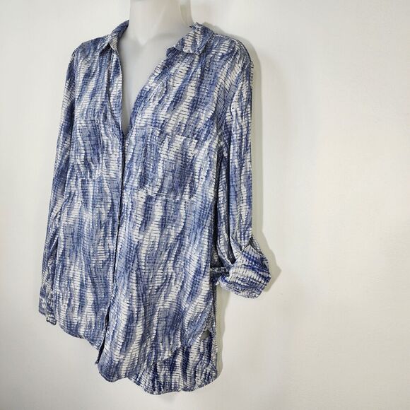 Rock & Republic Womens Tunic Top Medium Blue Button Long Roll Tab Sleeve Printed - Picture 5 of 8